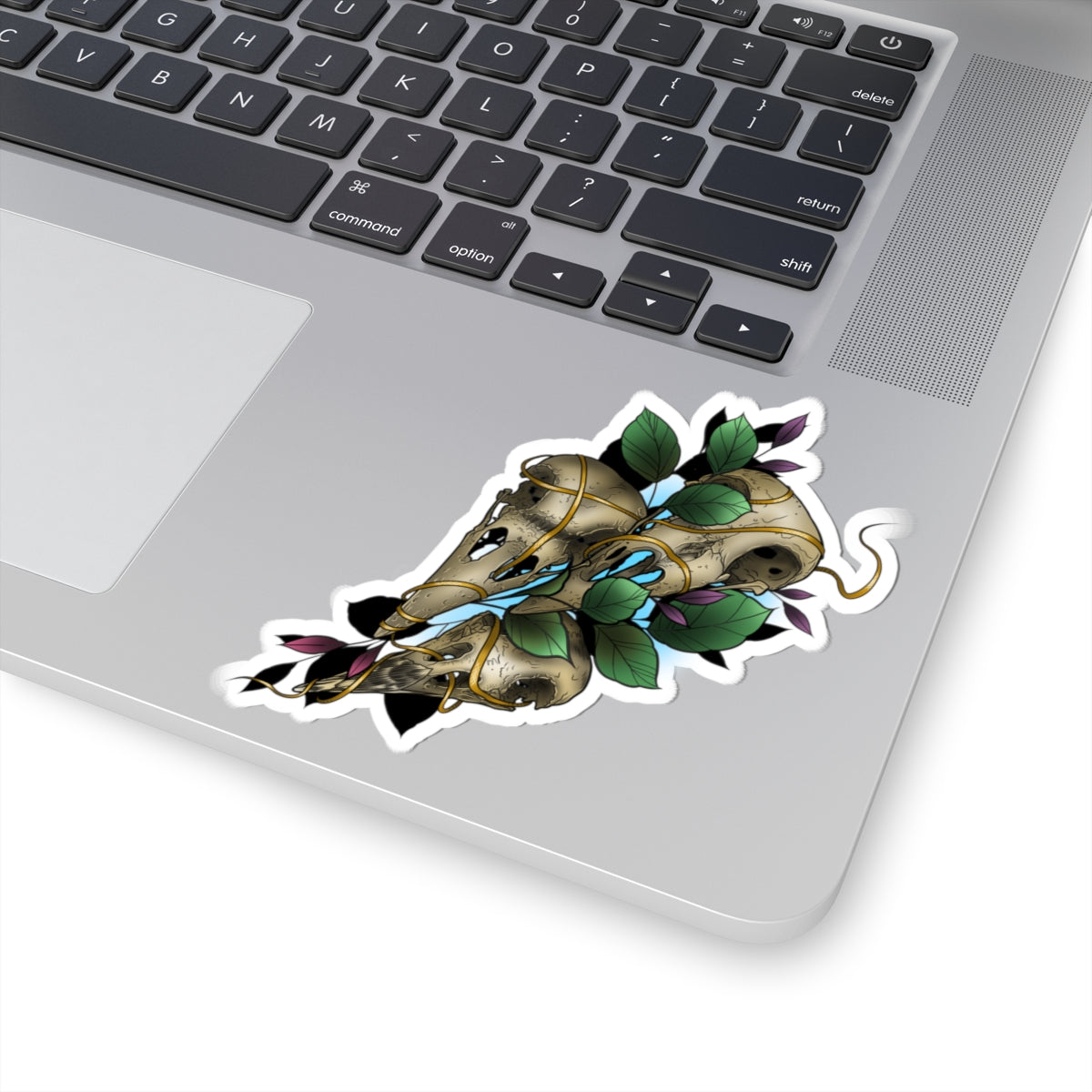Skull & Vines Kiss-Cut Sticker — Botanical Raven Skull Laptop Decal