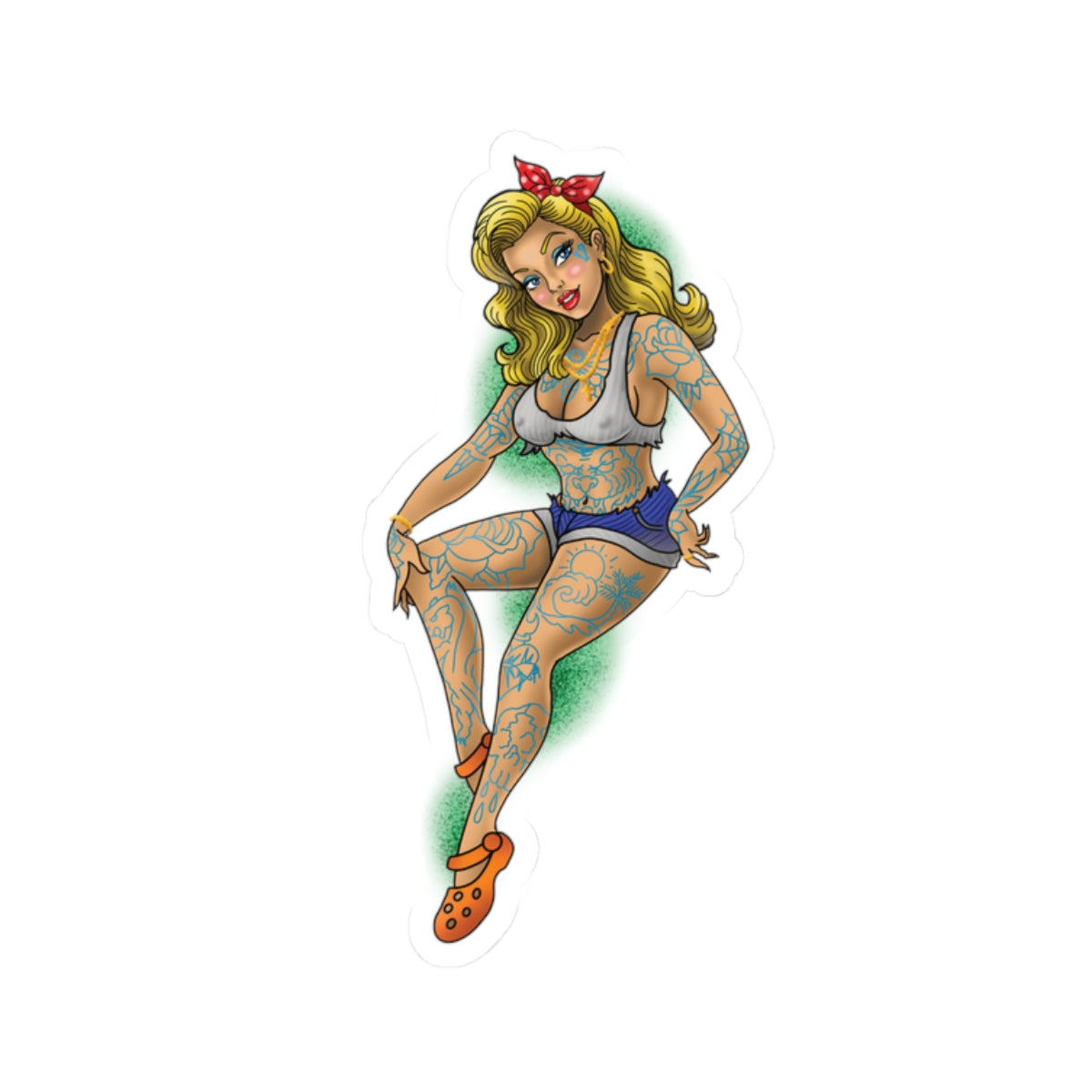 Tattooed Pin-Up Girl Kiss-Cut Sticker — Retro Punk Laptop Decal
