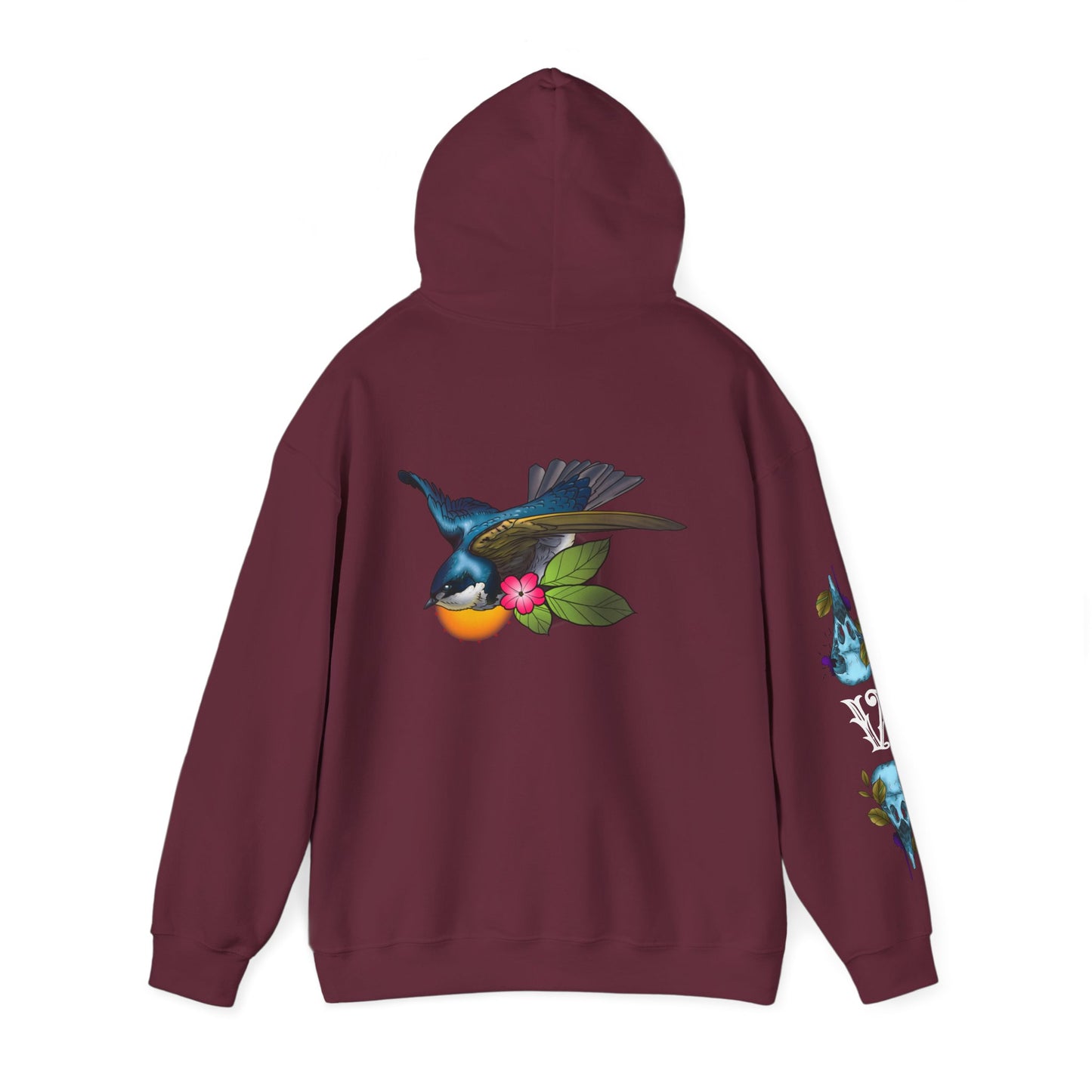 Swallow & Blossom Hoodie – Blue Bird Floral Graphic Sweatshirt