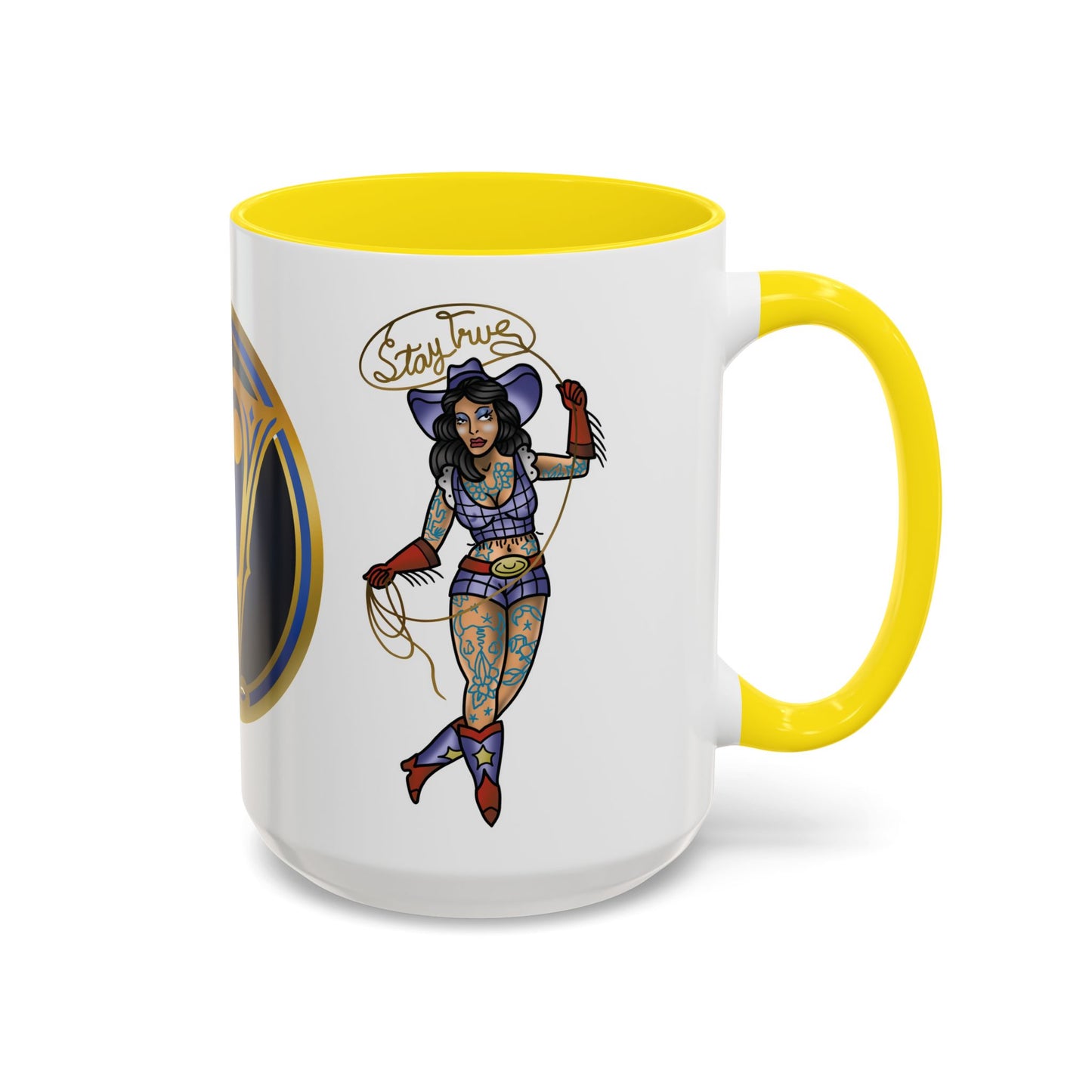 Accent Coffee Mug — Vintage Gold 'V' Monogram & Pin-Up Cowgirl Illustration (11oz/15oz)