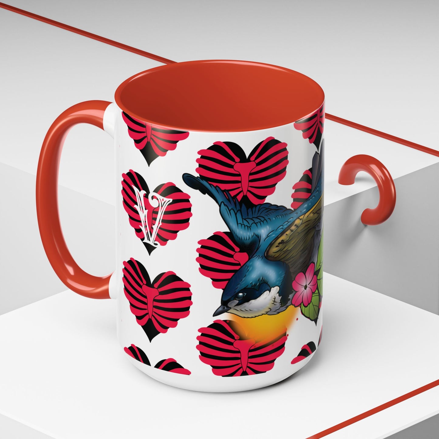 Bird & Hearts Accent Coffee Mug – Colorful Songbird Pattern (11/15oz)