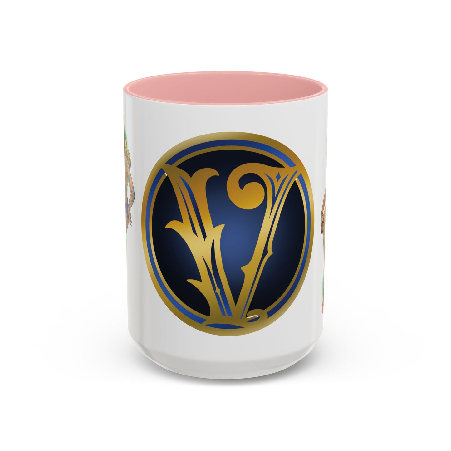 Vintage Pin-Up Coffee Mug with Gold Monogram V — Retro Tattoo Style Accent Mug (11/15oz)
