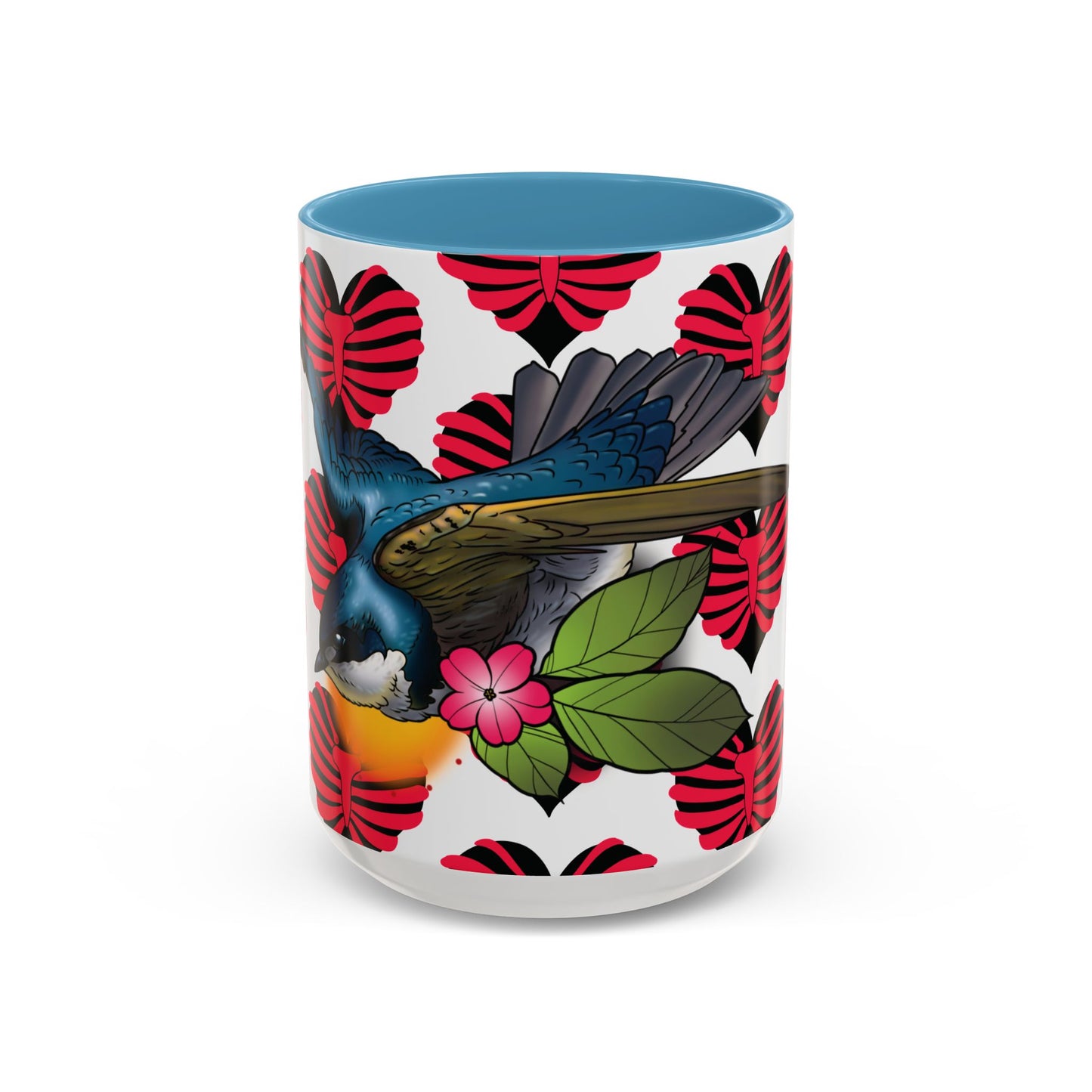 Bird & Hearts Accent Coffee Mug – Colorful Songbird Pattern (11/15oz)