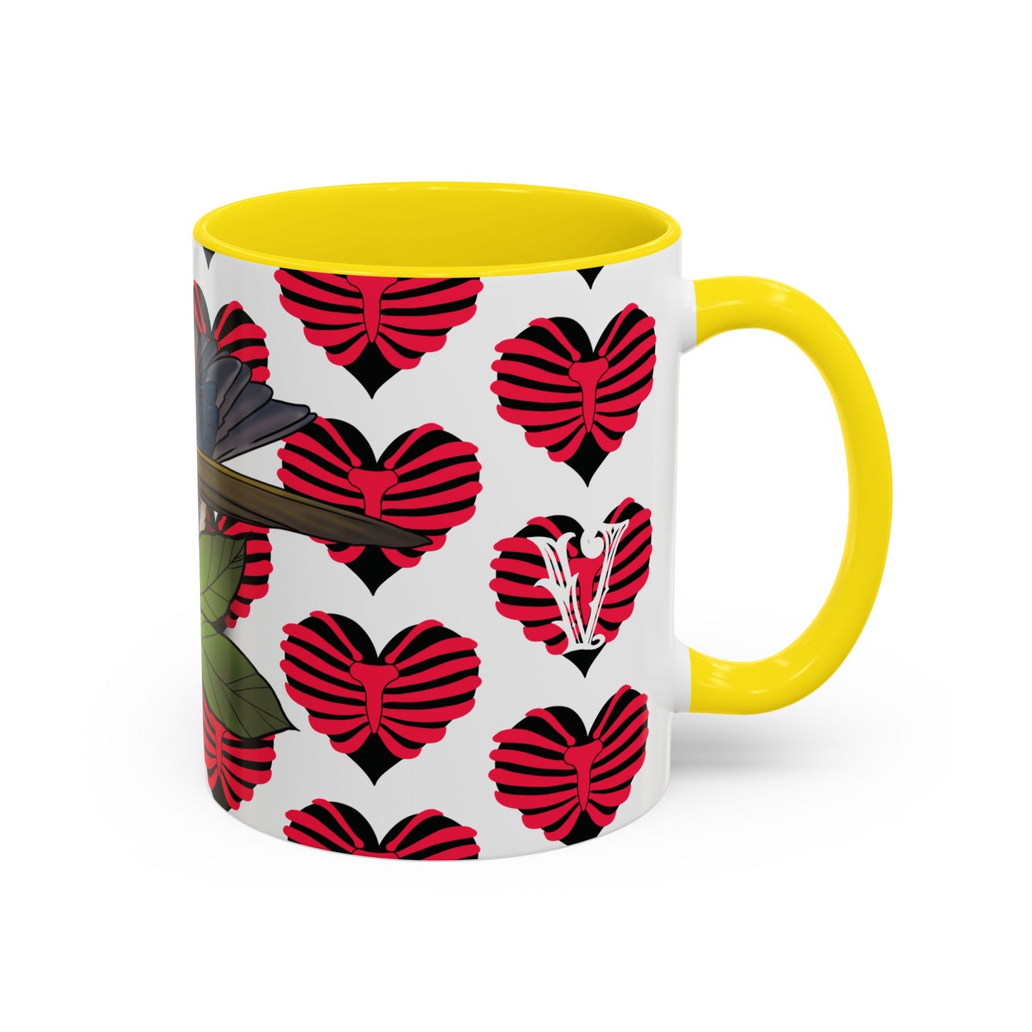 Bird & Hearts Accent Coffee Mug – Colorful Songbird Pattern (11/15oz)