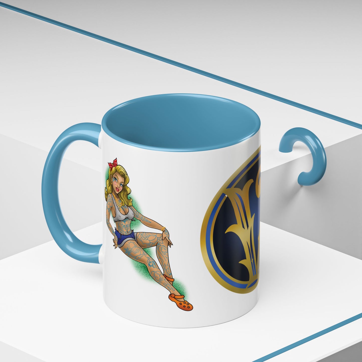 Vintage Pin-Up Coffee Mug with Gold Monogram V — Retro Tattoo Style Accent Mug (11/15oz)