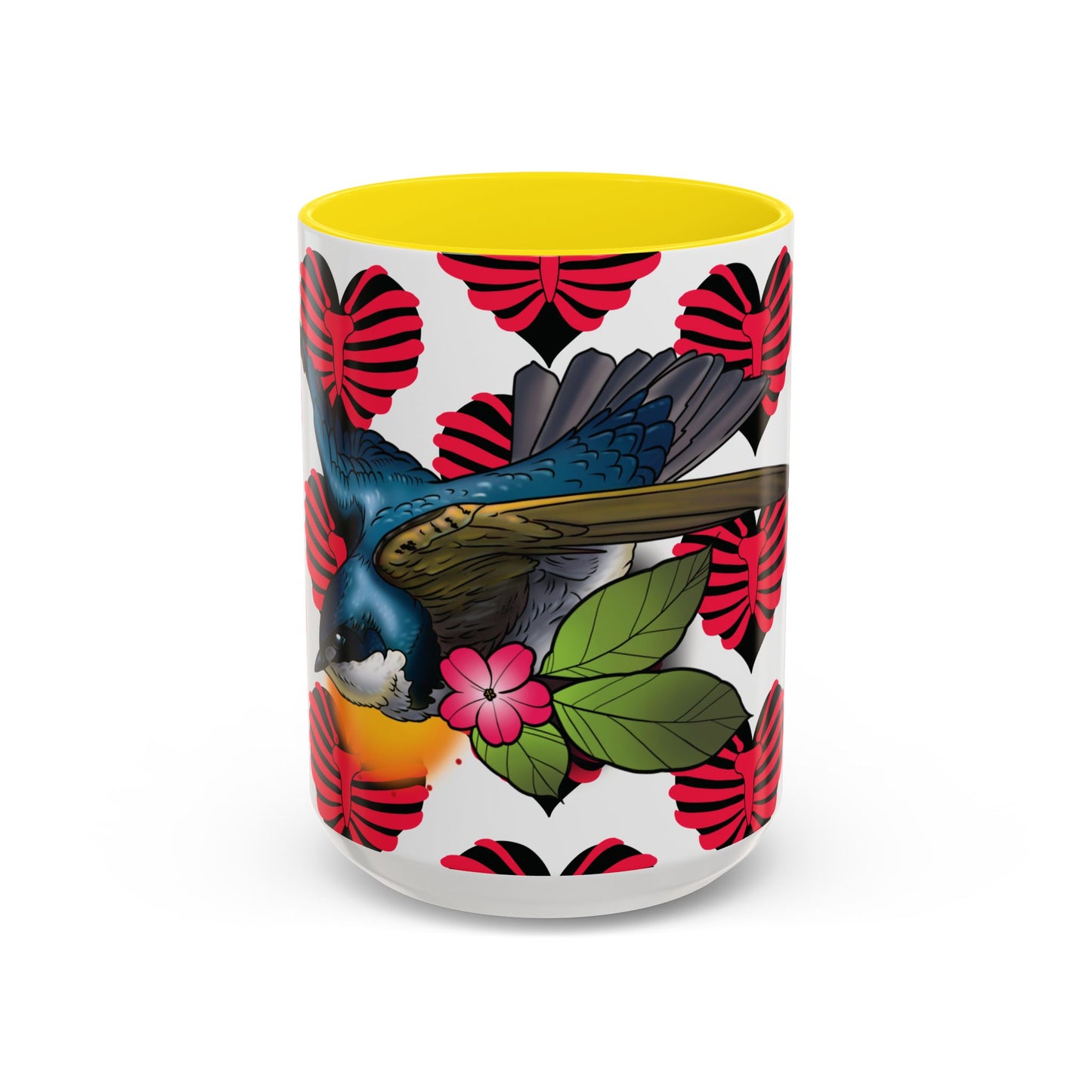 Bird & Hearts Accent Coffee Mug – Colorful Songbird Pattern (11/15oz)