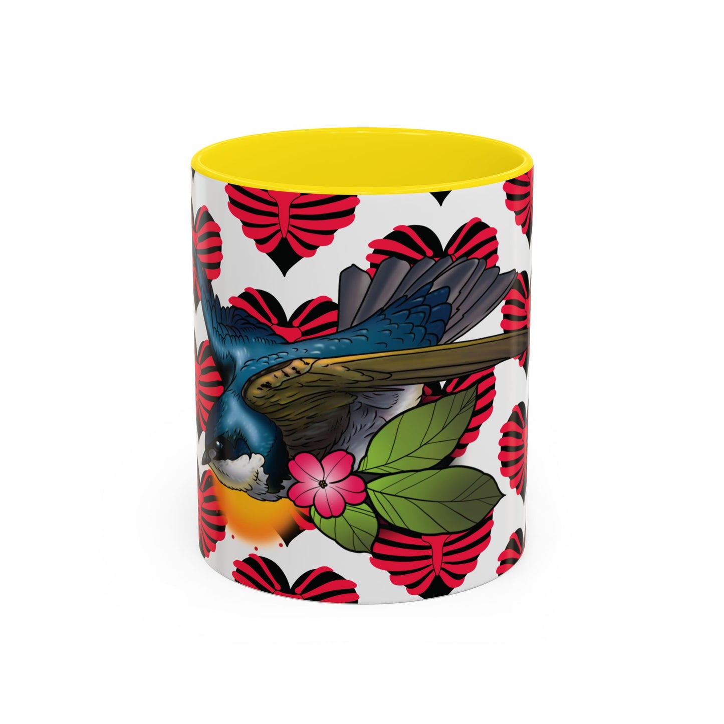 Bird & Hearts Accent Coffee Mug – Colorful Songbird Pattern (11/15oz)