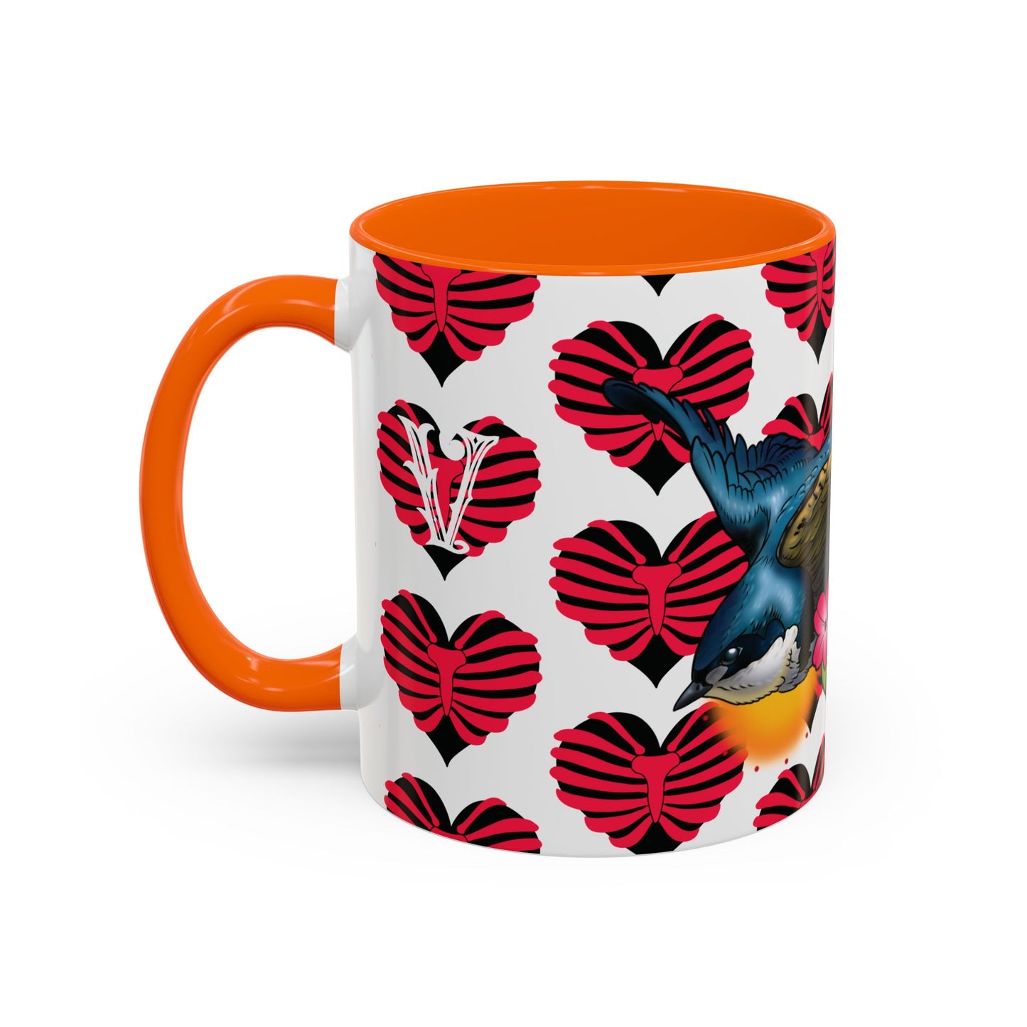 Bird & Hearts Accent Coffee Mug – Colorful Songbird Pattern (11/15oz)
