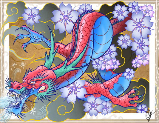 Pink Japanese Winter Dragon Art Print 8 1/2x11"
